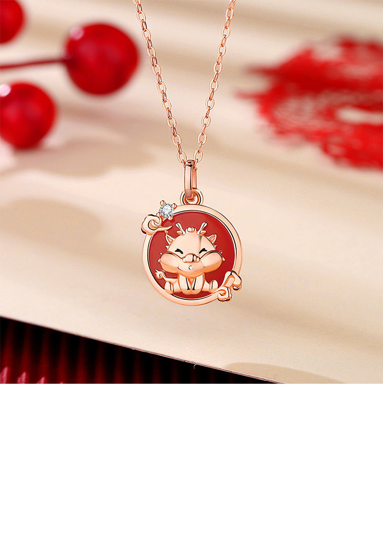 925 Sterling Silver Plated Rose Gold Fashion and Creative Dragon Round Pendant with Cubic Zirconia and Necklace - Luxurious Look