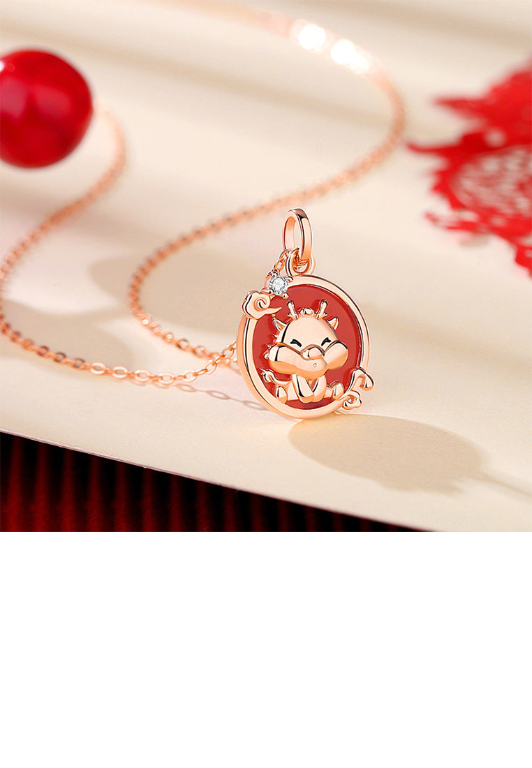 925 Sterling Silver Plated Rose Gold Fashion and Creative Dragon Round Pendant with Cubic Zirconia and Necklace - Luxurious Look