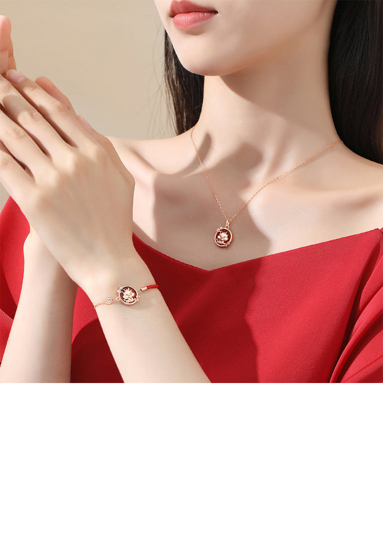 925 Sterling Silver Plated Rose Gold Fashion and Creative Dragon Round Pendant with Cubic Zirconia and Necklace - Luxurious Look