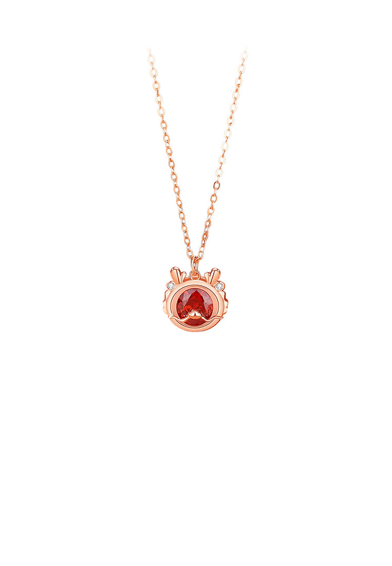 925 Sterling Silver Plated Rose Gold Simple Vintage Twelve Zodiac Dragon Pendant with Cubic Zirconia and Necklace - Luxurious Look