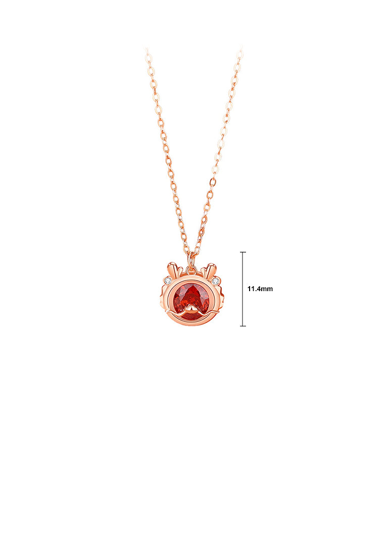 925 Sterling Silver Plated Rose Gold Simple Vintage Twelve Zodiac Dragon Pendant with Cubic Zirconia and Necklace - Luxurious Look