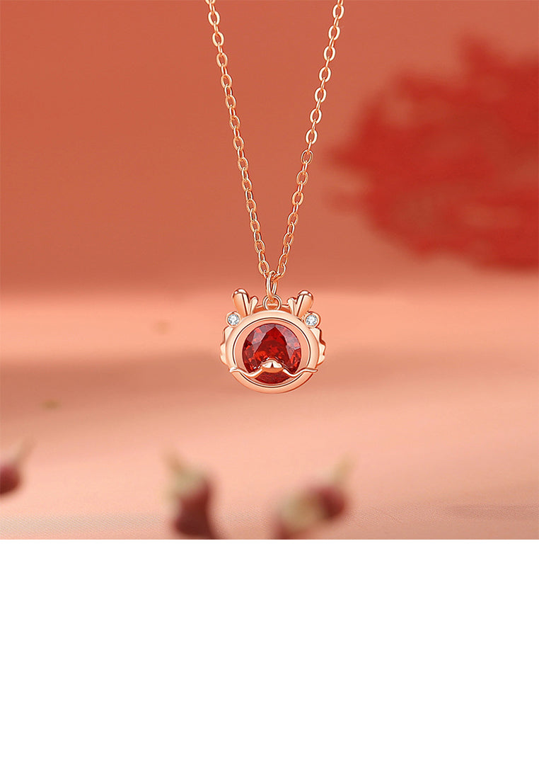 925 Sterling Silver Plated Rose Gold Simple Vintage Twelve Zodiac Dragon Pendant with Cubic Zirconia and Necklace - Luxurious Look