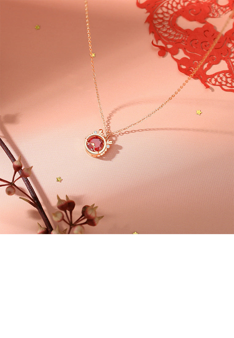 925 Sterling Silver Plated Rose Gold Simple Vintage Twelve Zodiac Dragon Pendant with Cubic Zirconia and Necklace - Luxurious Look