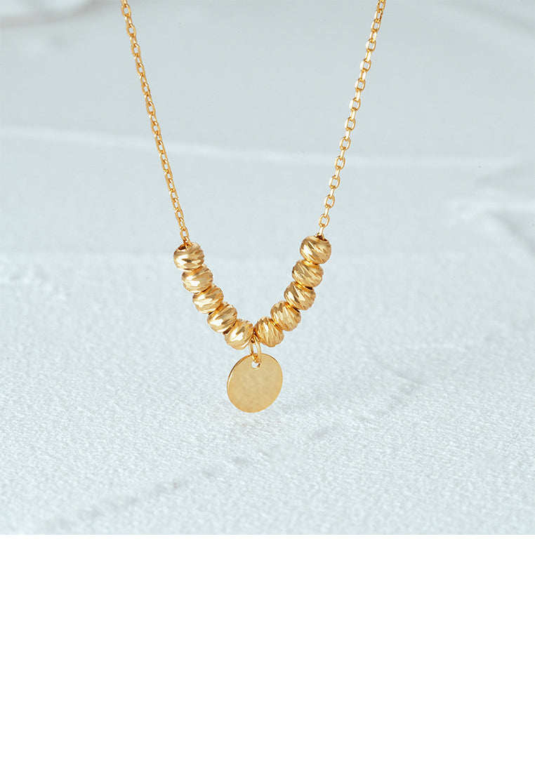 925 Sterling Silver Plated Gold Fashion Simple Geometric Round Pendant with Ball Bead Necklace