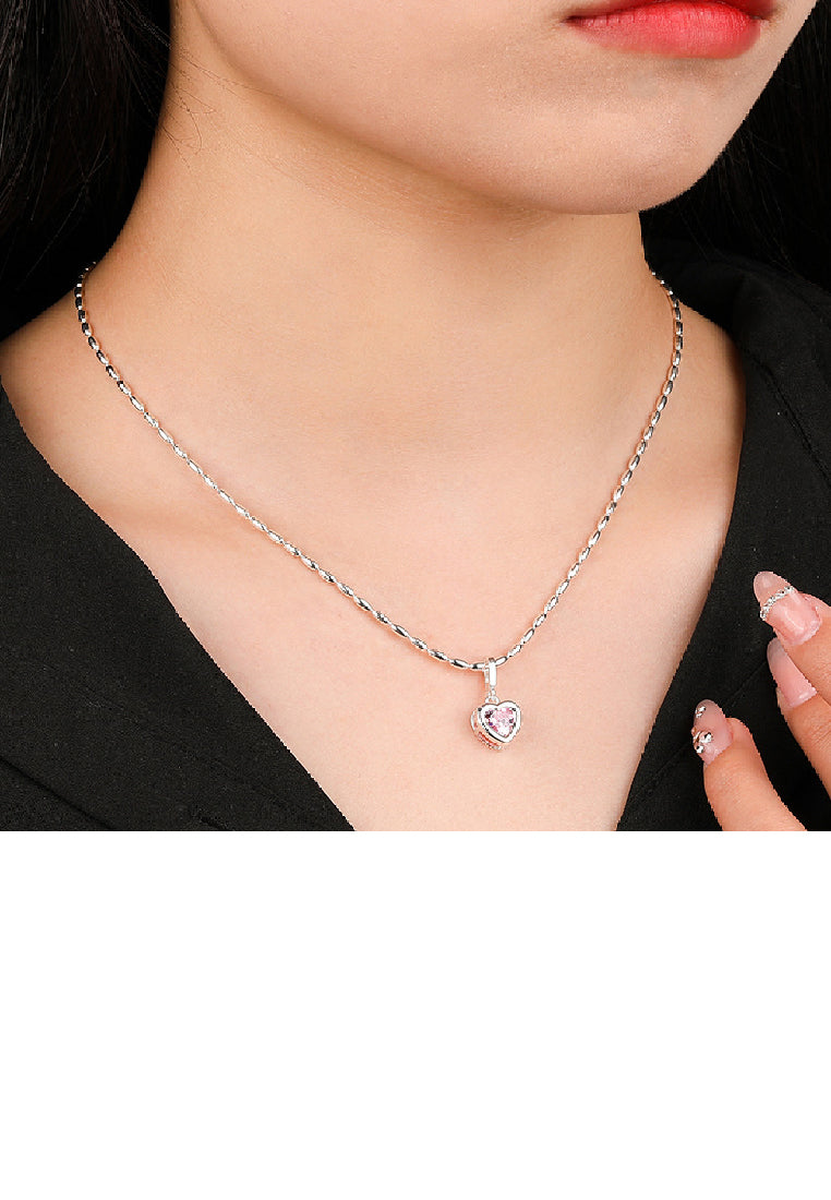 925 Sterling Silver Fashion Romantic October Birthstone Heart Pendant with Pink cubic Zirconia and Necklace - Luxurious Look - Vibrant Color