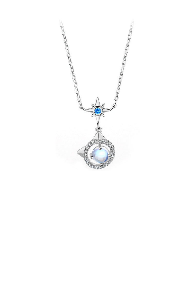 925 Sterling Silver Fashion Cute Cat Moonstone Star Pendant with Cubic Zirconia and Necklace - Luxurious Look