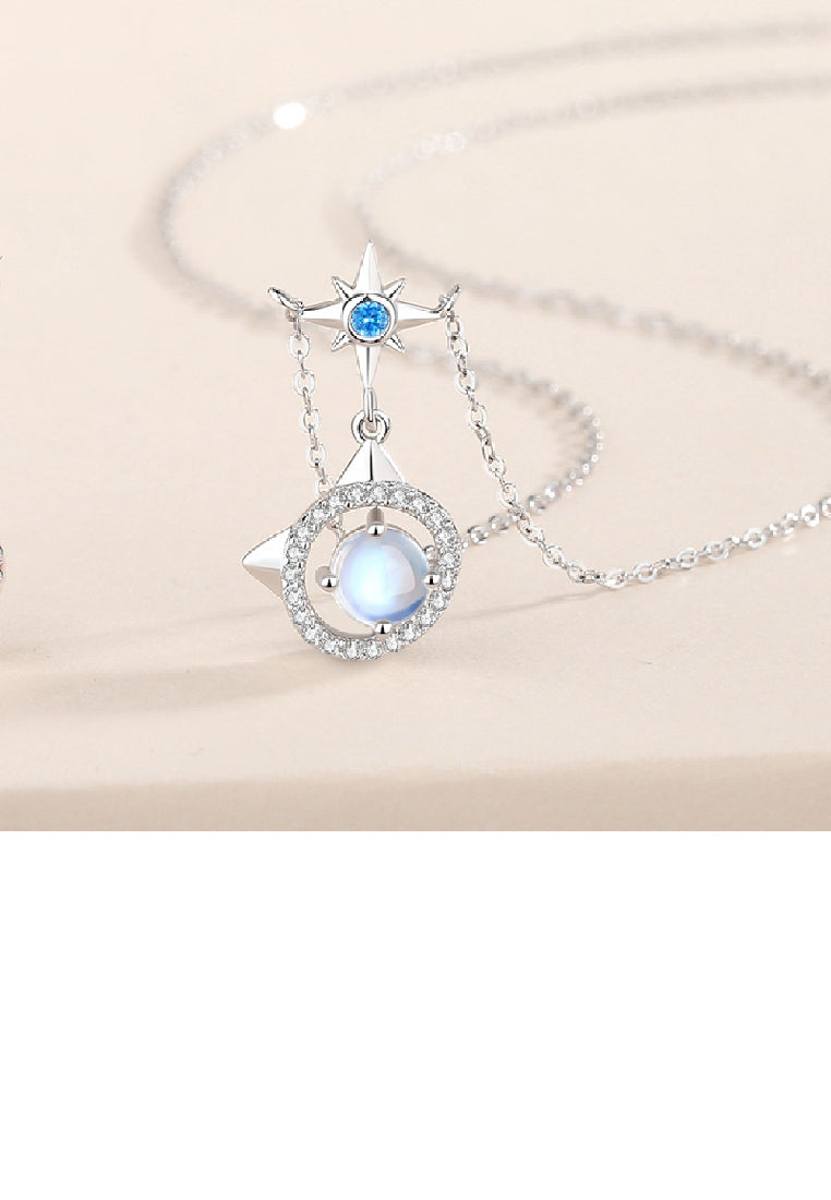 925 Sterling Silver Fashion Cute Cat Moonstone Star Pendant with Cubic Zirconia and Necklace - Luxurious Look