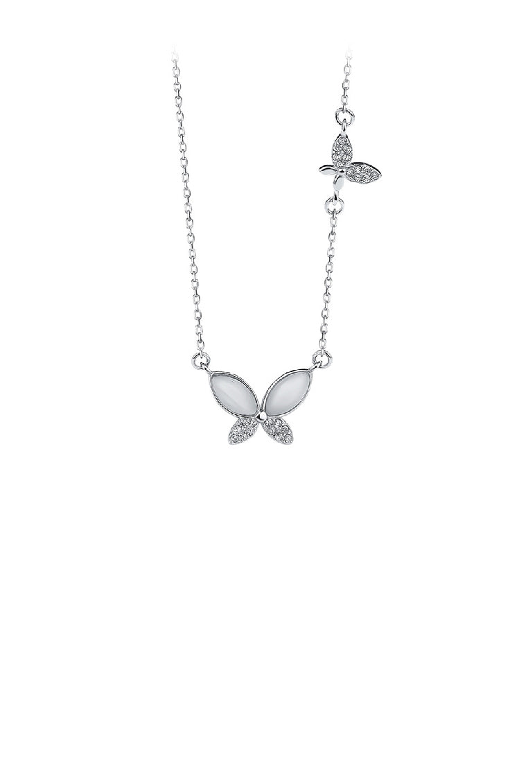 925 Sterling Silver Fashion Elegant Butterfly Imitation Opal Pendant with Cubic Zirconia and Necklace - Luxurious Look