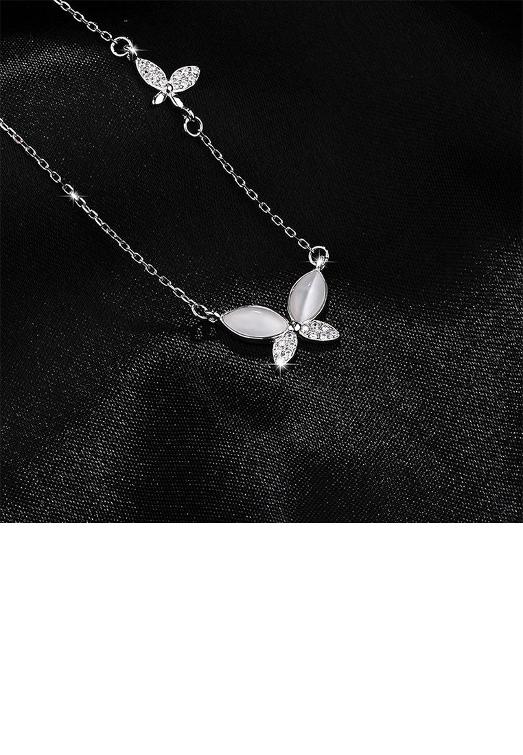 925 Sterling Silver Fashion Elegant Butterfly Imitation Opal Pendant with Cubic Zirconia and Necklace - Luxurious Look