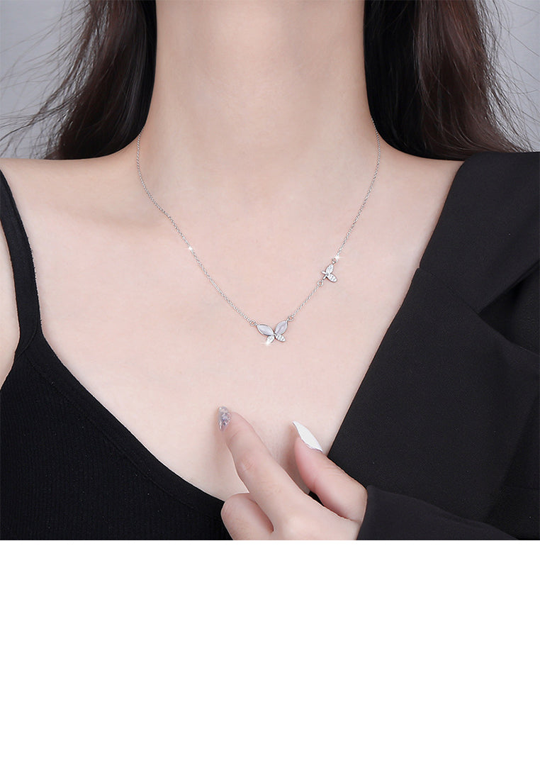 925 Sterling Silver Fashion Elegant Butterfly Imitation Opal Pendant with Cubic Zirconia and Necklace - Luxurious Look