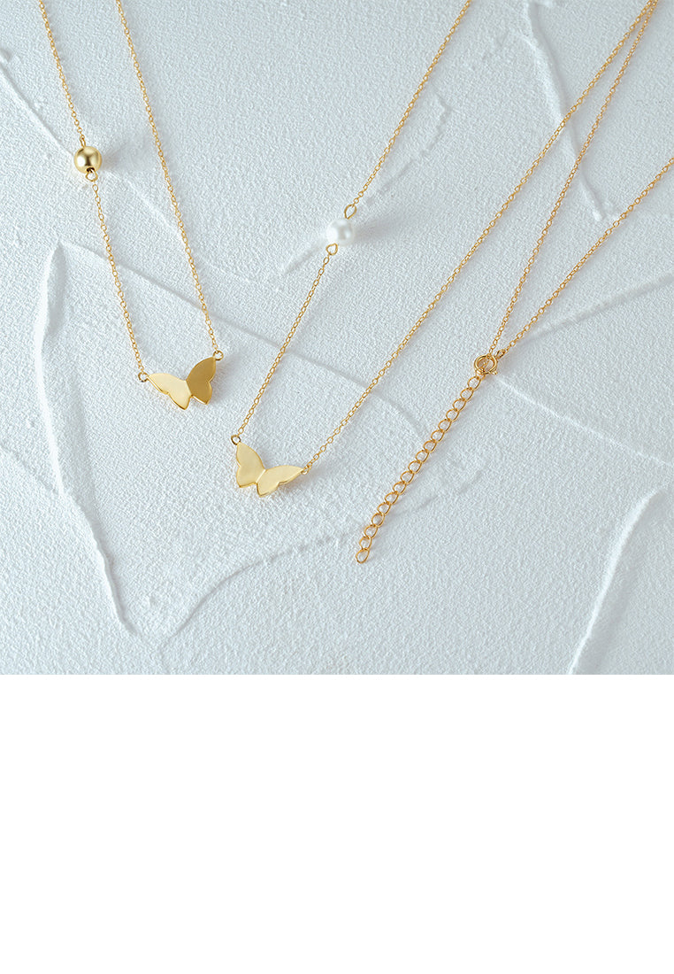 925 Sterling Silver Plated Gold Simple and Cute Butterfly Pendant with Round Beads and Necklace