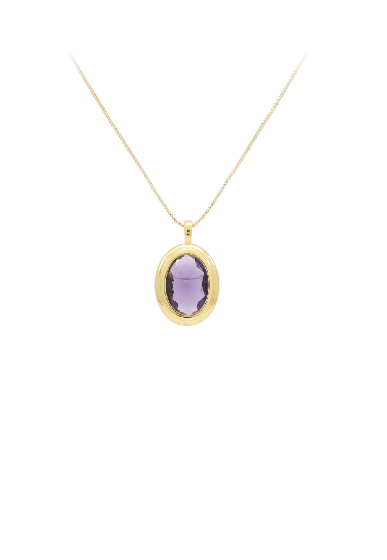Fashion Simple Plated Gold Geometric Oval Pendant with Purple Cubic Zirconia and Necklace - Luxurious Look