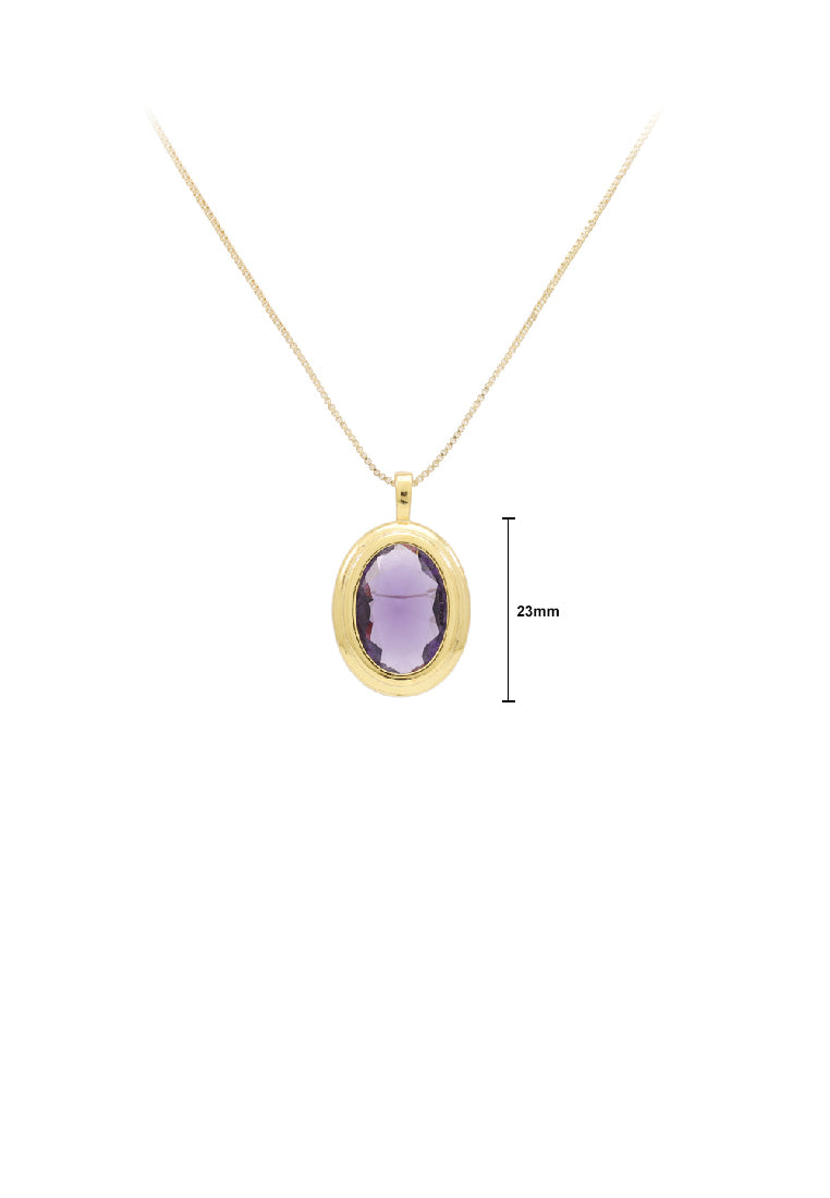 Fashion Simple Plated Gold Geometric Oval Pendant with Purple Cubic Zirconia and Necklace - Luxurious Look