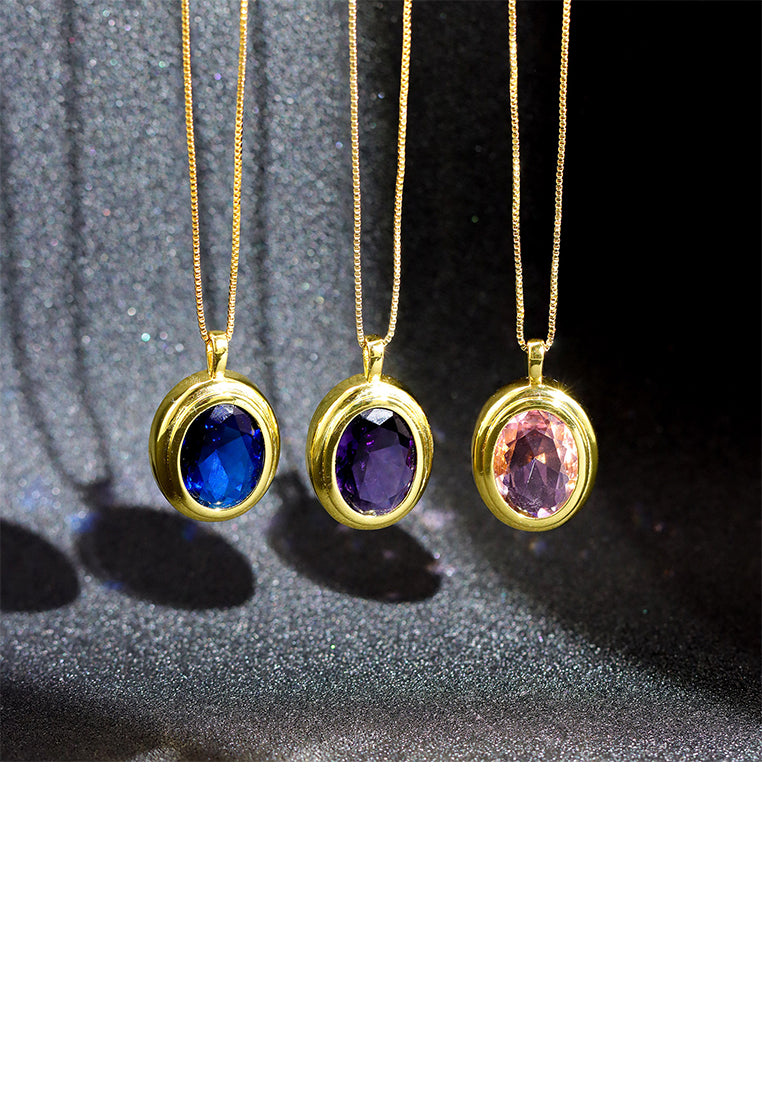 Fashion Simple Plated Gold Geometric Oval Pendant with Purple Cubic Zirconia and Necklace - Luxurious Look