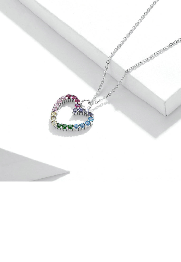 925 Sterling Silver Simple Fashion Hollow Heart Pendant with Colorful Cubic Zirconia and Necklace - Luxurious Look