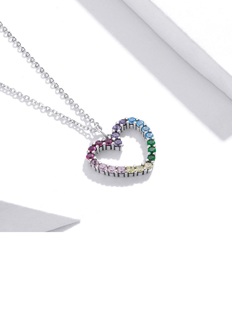 925 Sterling Silver Simple Fashion Hollow Heart Pendant with Colorful Cubic Zirconia and Necklace - Luxurious Look