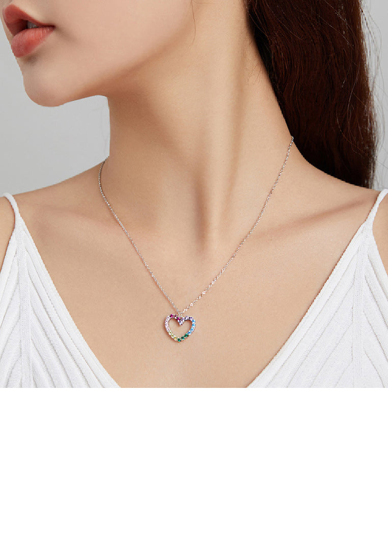 925 Sterling Silver Simple Fashion Hollow Heart Pendant with Colorful Cubic Zirconia and Necklace - Luxurious Look