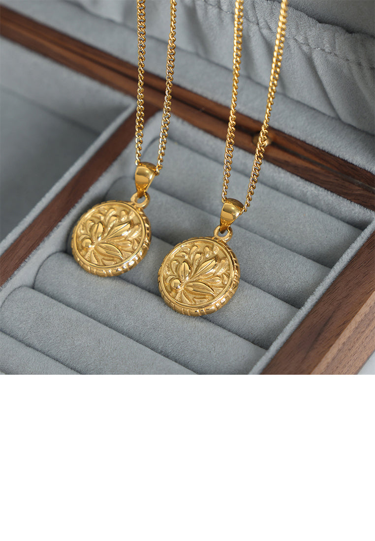Simple and Elegant Plated Gold 316L Stainless Steel Floral Geometric Round Pendant with Necklace