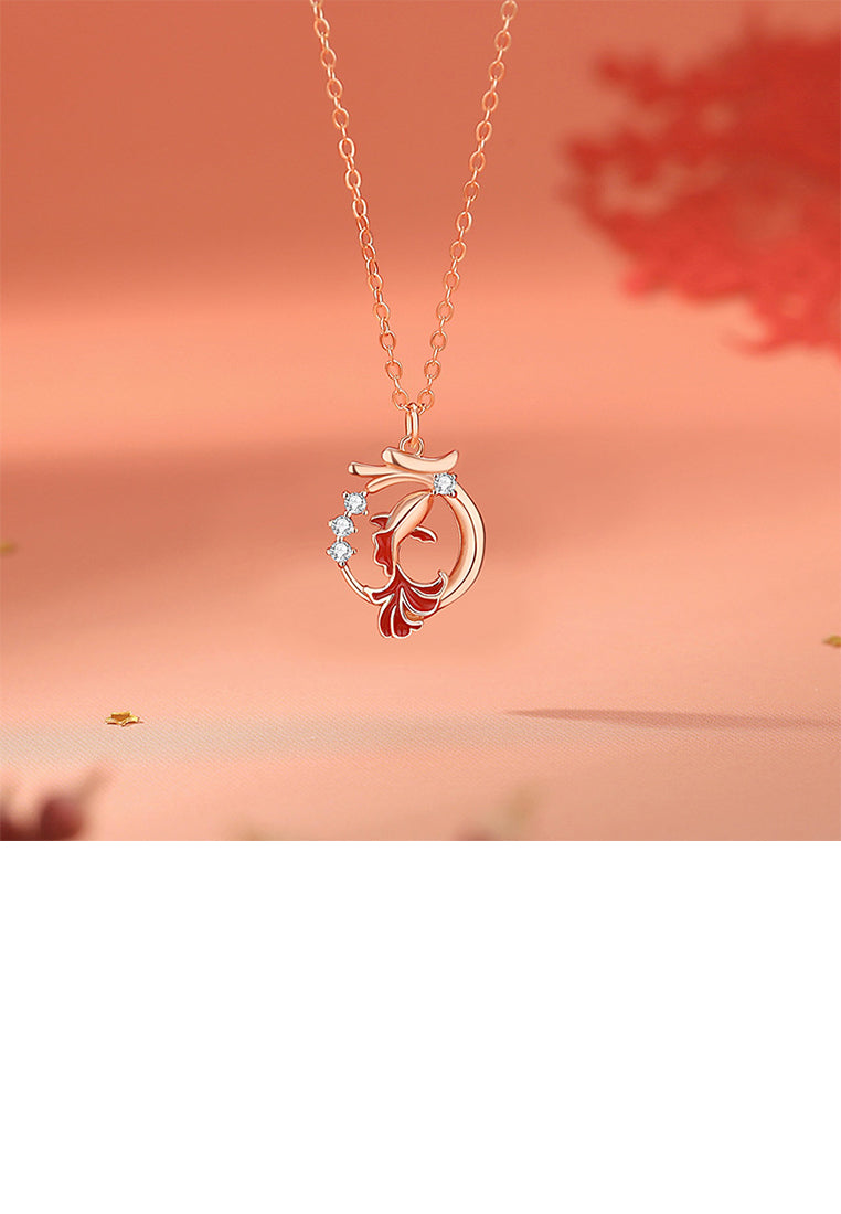 925 Sterling Silver Plated Rose Gold Fashion and Elegant Enamel Koi Pendant with Cubic Zirconia and Necklace - Luxurious Look