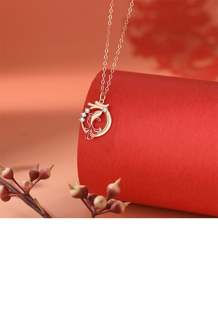 925 Sterling Silver Plated Rose Gold Fashion and Elegant Enamel Koi Pendant with Cubic Zirconia and Necklace - Luxurious Look