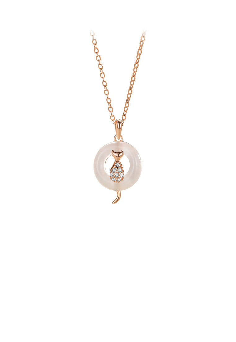 925 Sterling Silver Plated Rose Gold Fashion Temperament Cat Geometric Opal Pendant with Cubic Zirconia and Necklace - Luxurious Look