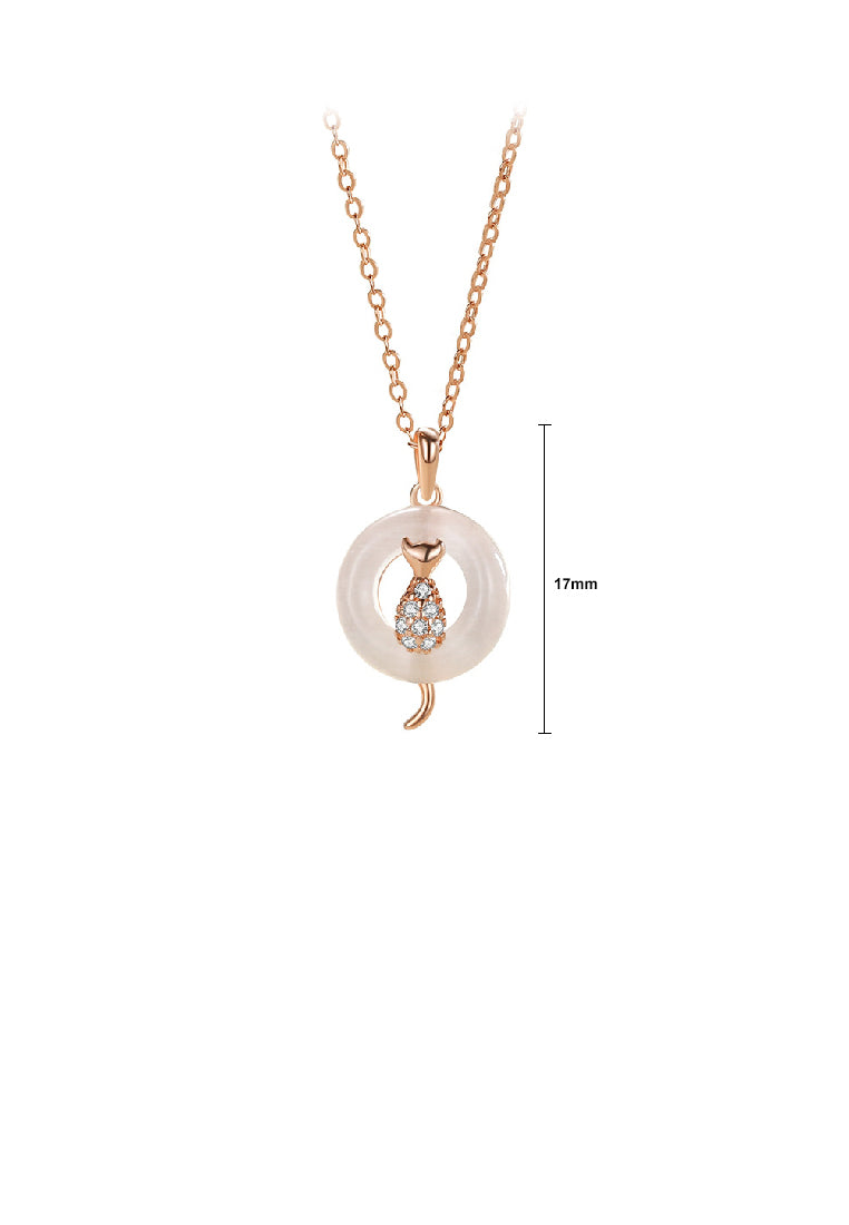 925 Sterling Silver Plated Rose Gold Fashion Temperament Cat Geometric Opal Pendant with Cubic Zirconia and Necklace - Luxurious Look