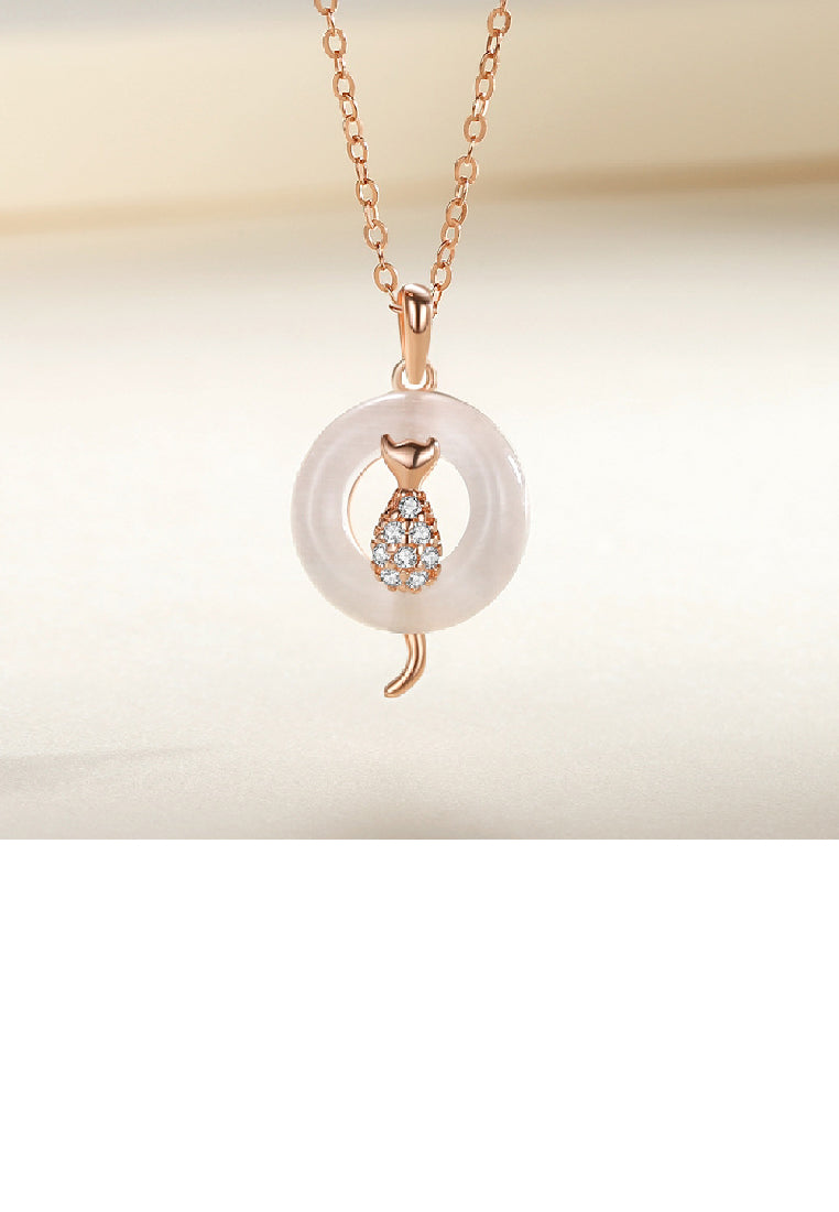 925 Sterling Silver Plated Rose Gold Fashion Temperament Cat Geometric Opal Pendant with Cubic Zirconia and Necklace - Luxurious Look