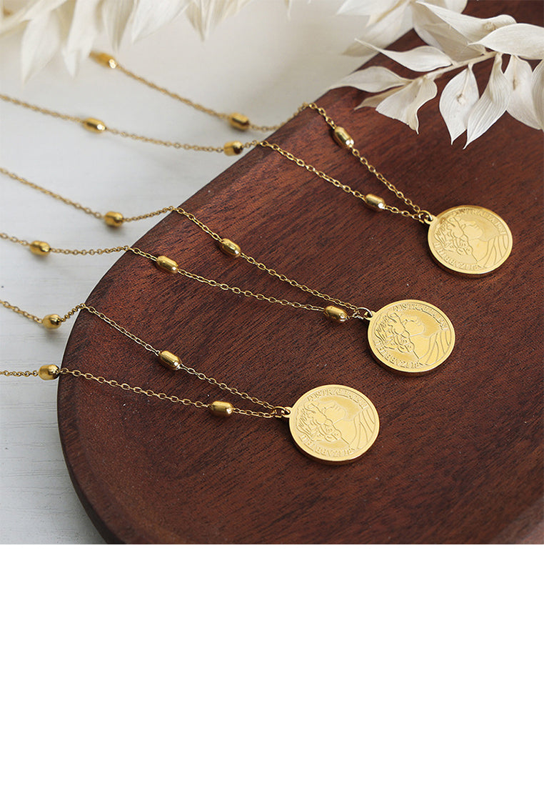 Fashion and Simple Plated Gold 316L Stainless Steel Queen Geometric Round Pendant with Long Necklace