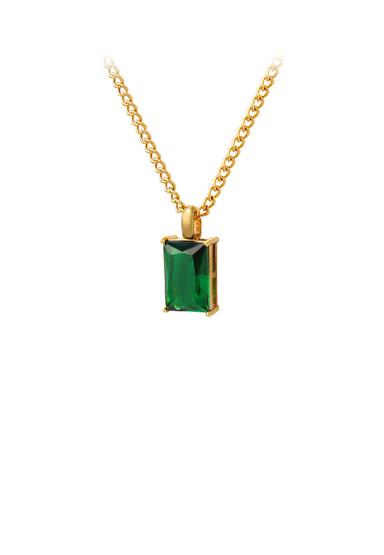 Simple Fashion Plated Gold 316L Stainless Steel Geometric Square Pendant with Green Cubic Zirconia and Necklace - Luxurious Look
