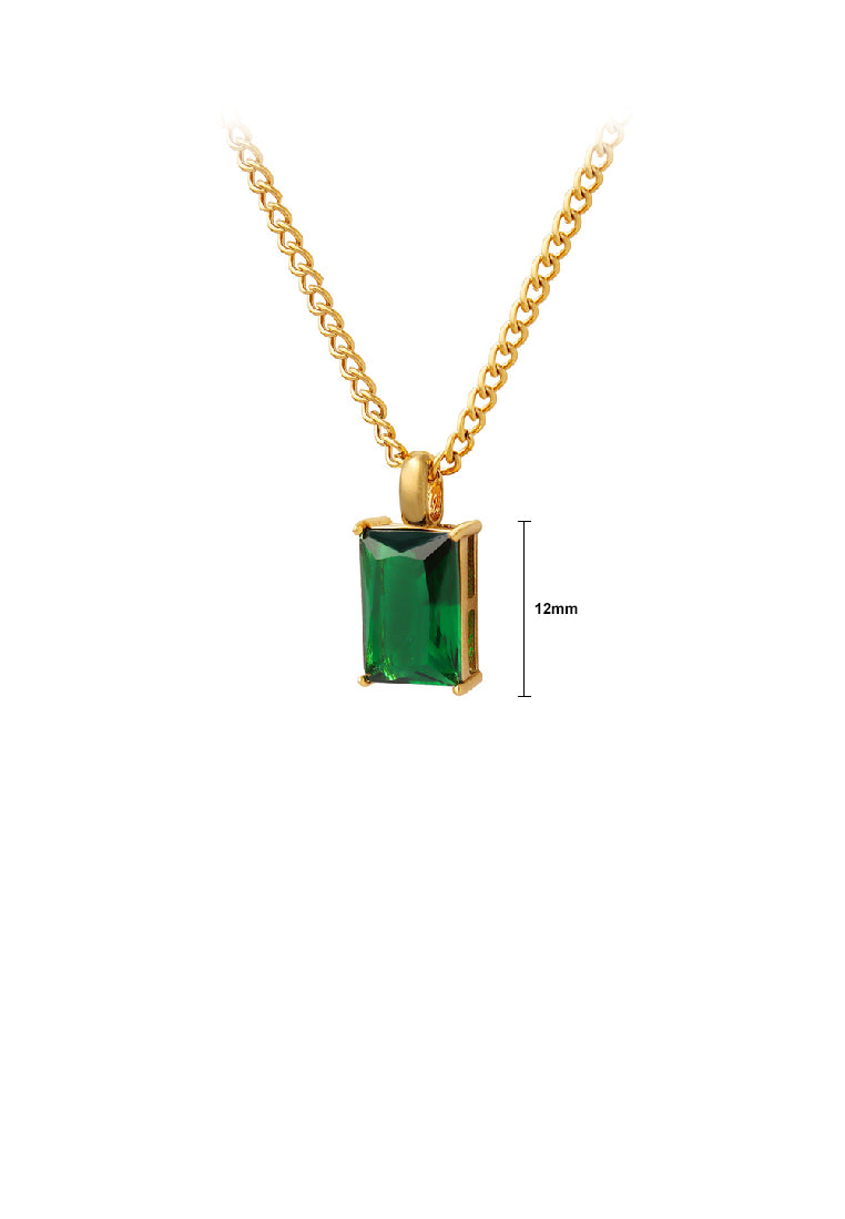Simple Fashion Plated Gold 316L Stainless Steel Geometric Square Pendant with Green Cubic Zirconia and Necklace - Luxurious Look