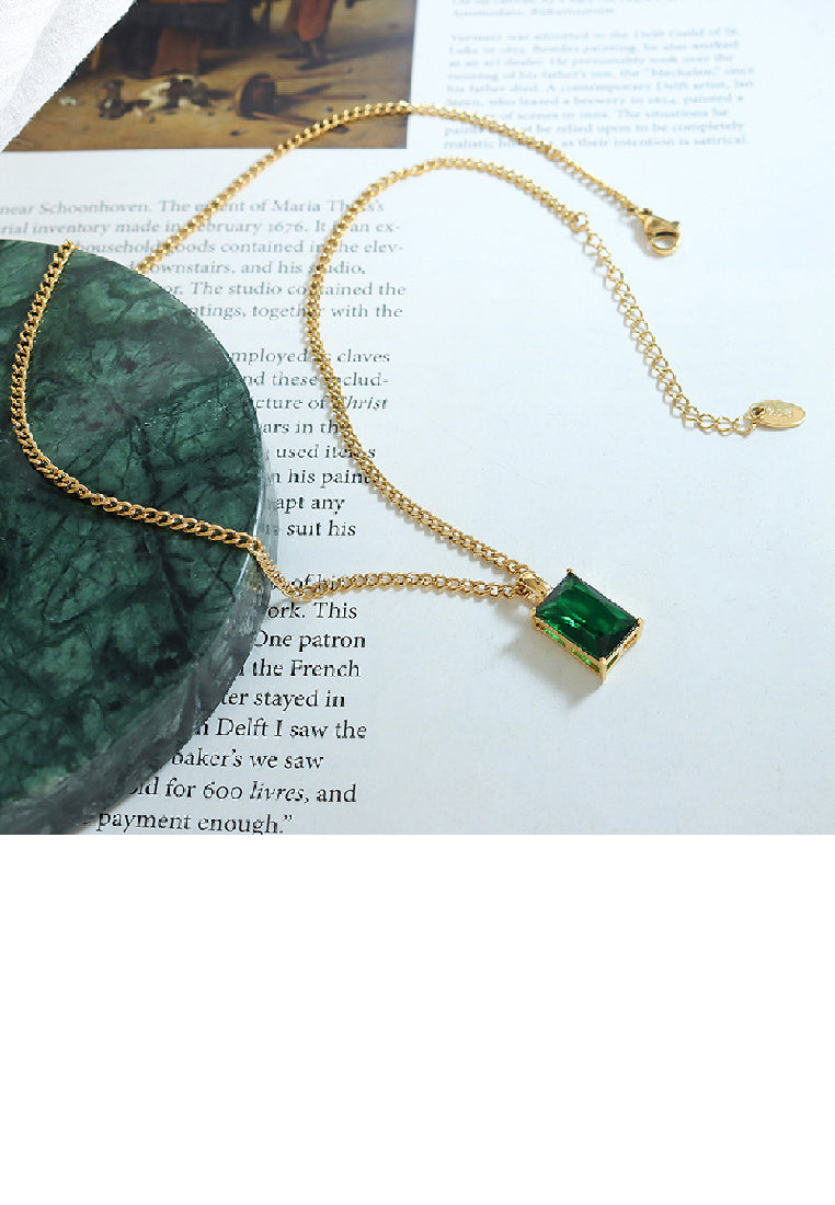 Simple Fashion Plated Gold 316L Stainless Steel Geometric Square Pendant with Green Cubic Zirconia and Necklace - Luxurious Look