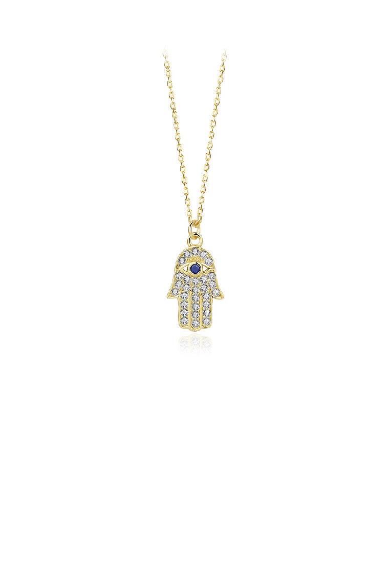 925 Sterling Silver Plated Gold Fashion Brilliant Hand Of Fatima Pendant with Cubic Zirconia and Necklace - Luxurious Look
