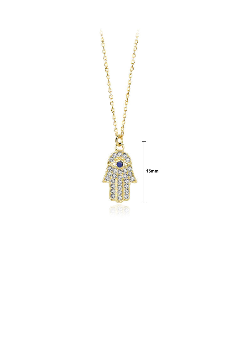 925 Sterling Silver Plated Gold Fashion Brilliant Hand Of Fatima Pendant with Cubic Zirconia and Necklace - Luxurious Look