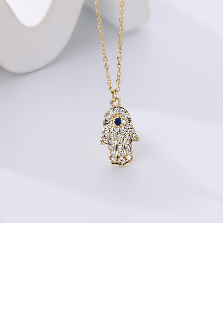 925 Sterling Silver Plated Gold Fashion Brilliant Hand Of Fatima Pendant with Cubic Zirconia and Necklace - Luxurious Look