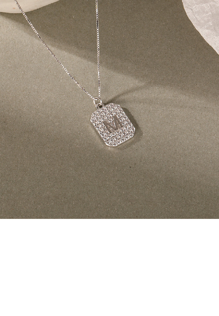925 Sterling Silver Fashion Bright Alphabet M Geometric Pendant with Cubic Zirconia and Necklace - Luxurious Look