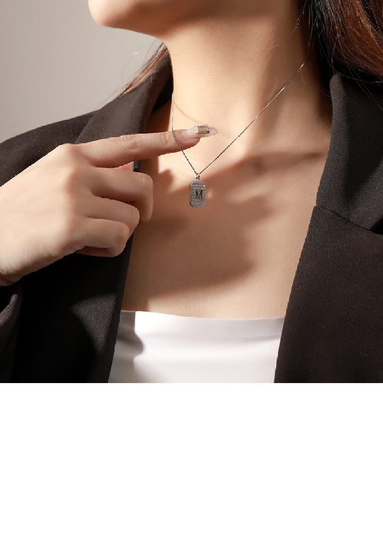 925 Sterling Silver Fashion Bright Alphabet M Geometric Pendant with Cubic Zirconia and Necklace - Luxurious Look