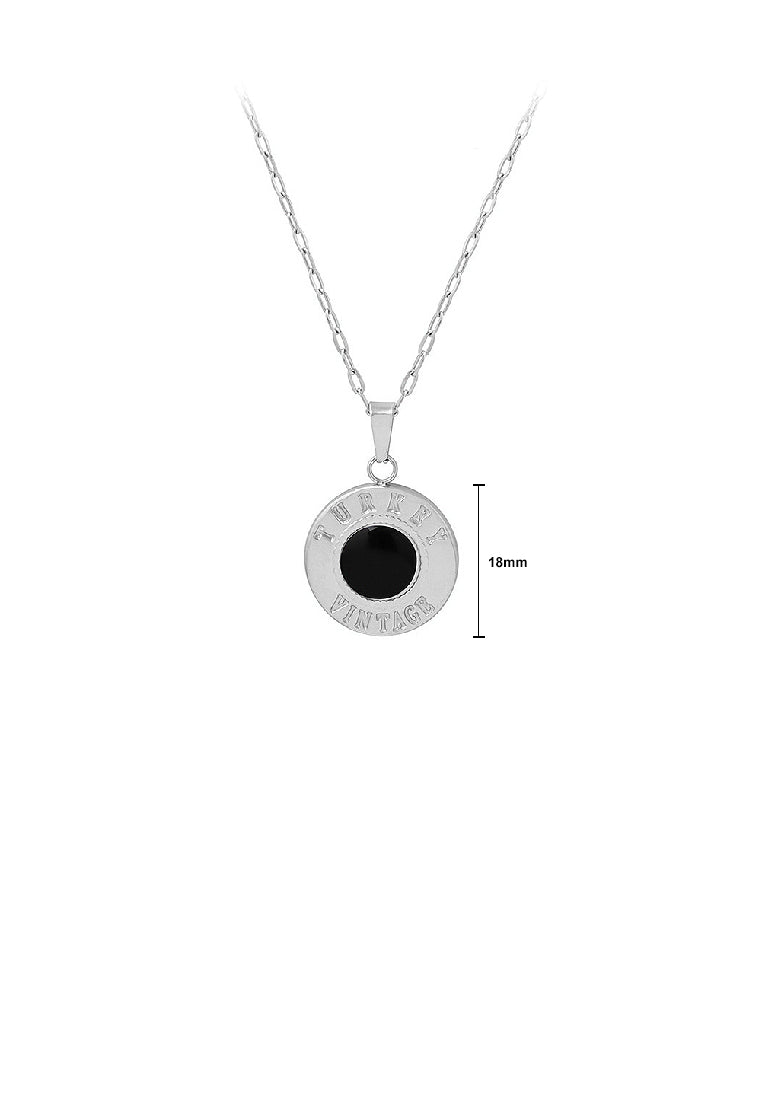 Simple and Elegant 316L Stainless Steel English Alphabet Geometric Round Pendant with Black Cats Eye and Necklace