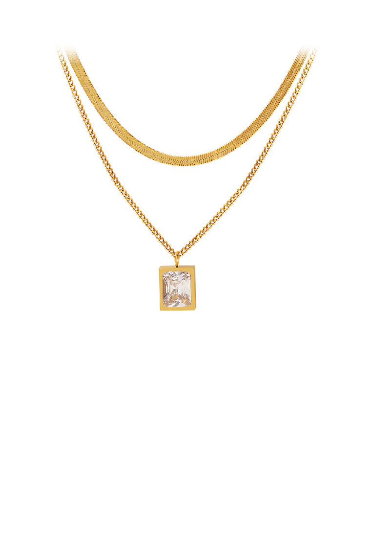 Fashion Simple Plated Gold 316L Stainless Steel Geometric Square Pendant with Cubic Zirconia and Double Layer Necklace - Luxurious Look