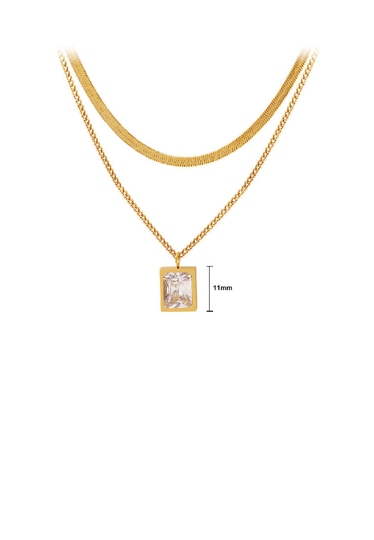 Fashion Simple Plated Gold 316L Stainless Steel Geometric Square Pendant with Cubic Zirconia and Double Layer Necklace - Luxurious Look