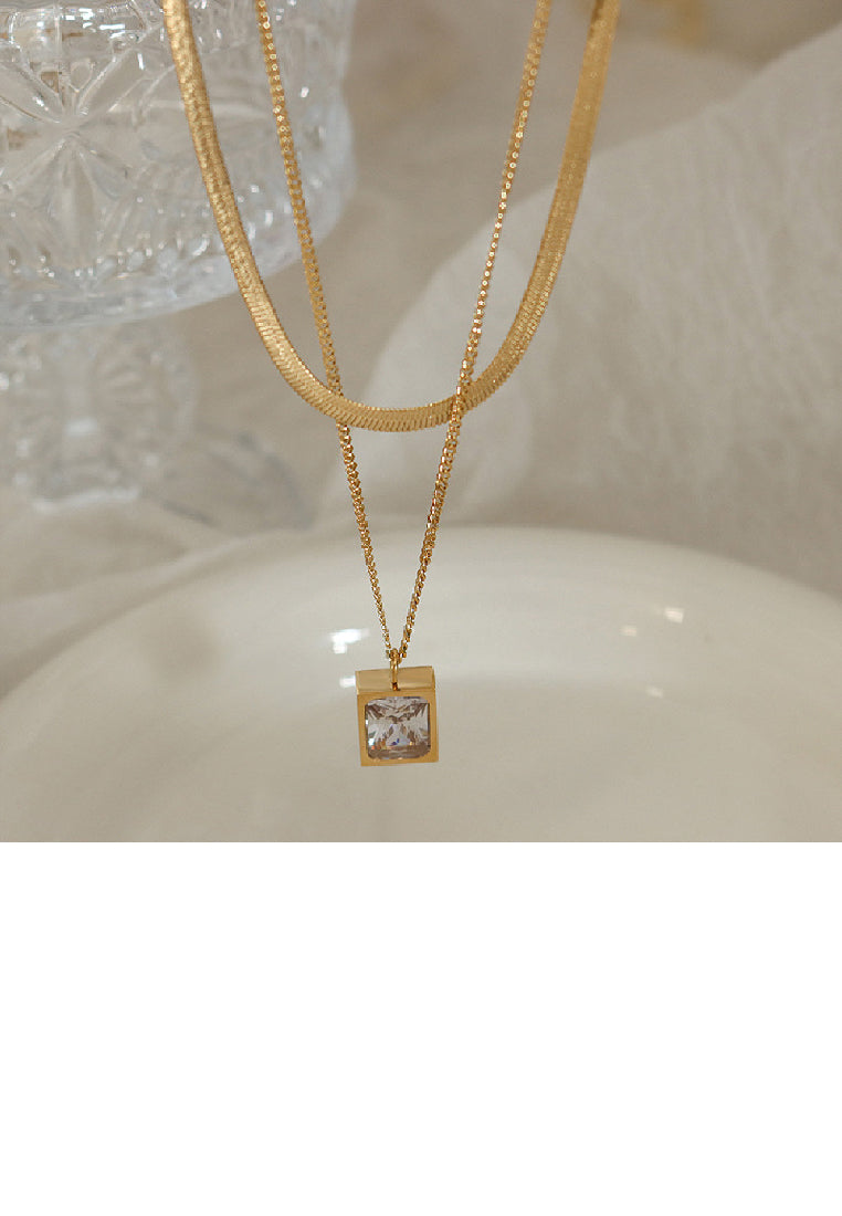 Fashion Simple Plated Gold 316L Stainless Steel Geometric Square Pendant with Cubic Zirconia and Double Layer Necklace - Luxurious Look