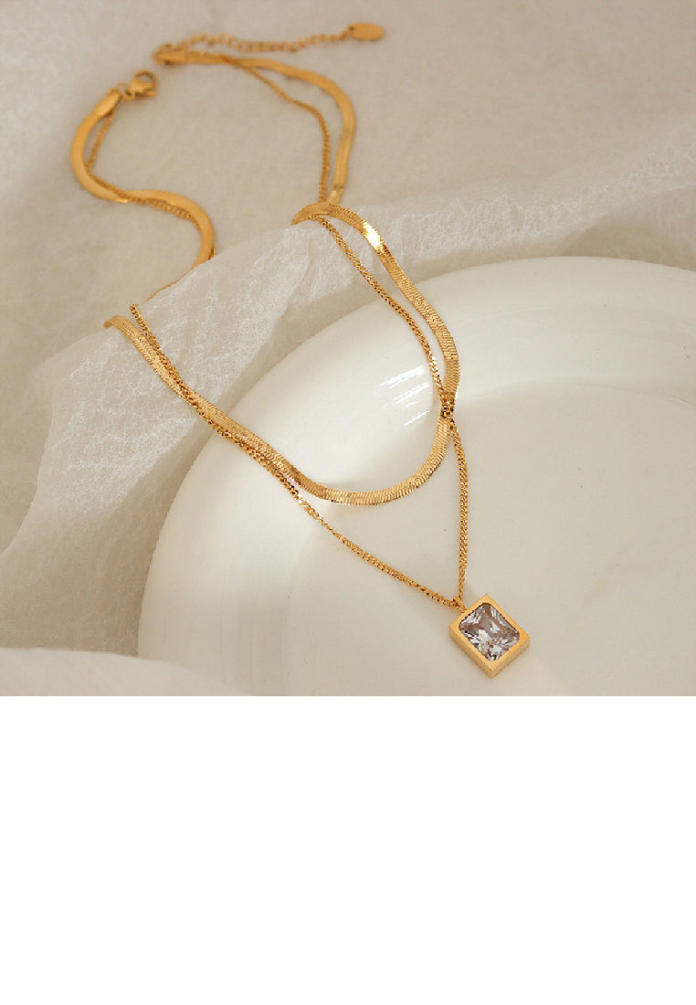 Fashion Simple Plated Gold 316L Stainless Steel Geometric Square Pendant with Cubic Zirconia and Double Layer Necklace - Luxurious Look
