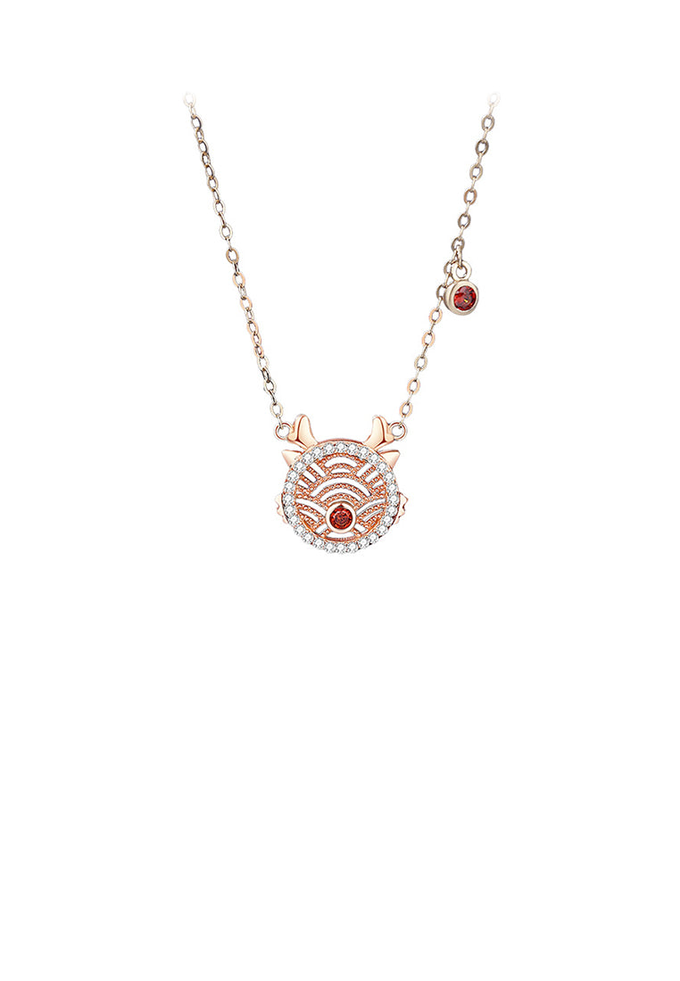 925 Sterling Silver Plated Rose Gold Fashion Simple Hollow Pattern Chinese Zodiac Dragon Pendant with Cubic Zirconia and Necklace - Luxurious Look