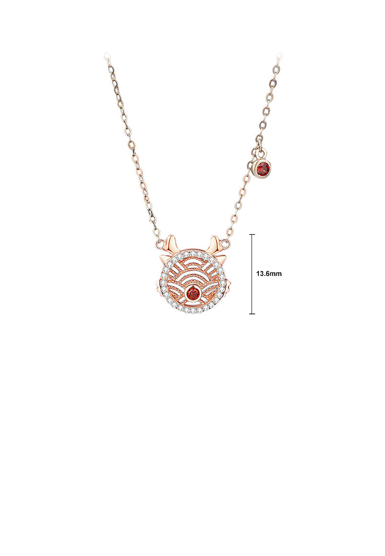 925 Sterling Silver Plated Rose Gold Fashion Simple Hollow Pattern Chinese Zodiac Dragon Pendant with Cubic Zirconia and Necklace - Luxurious Look