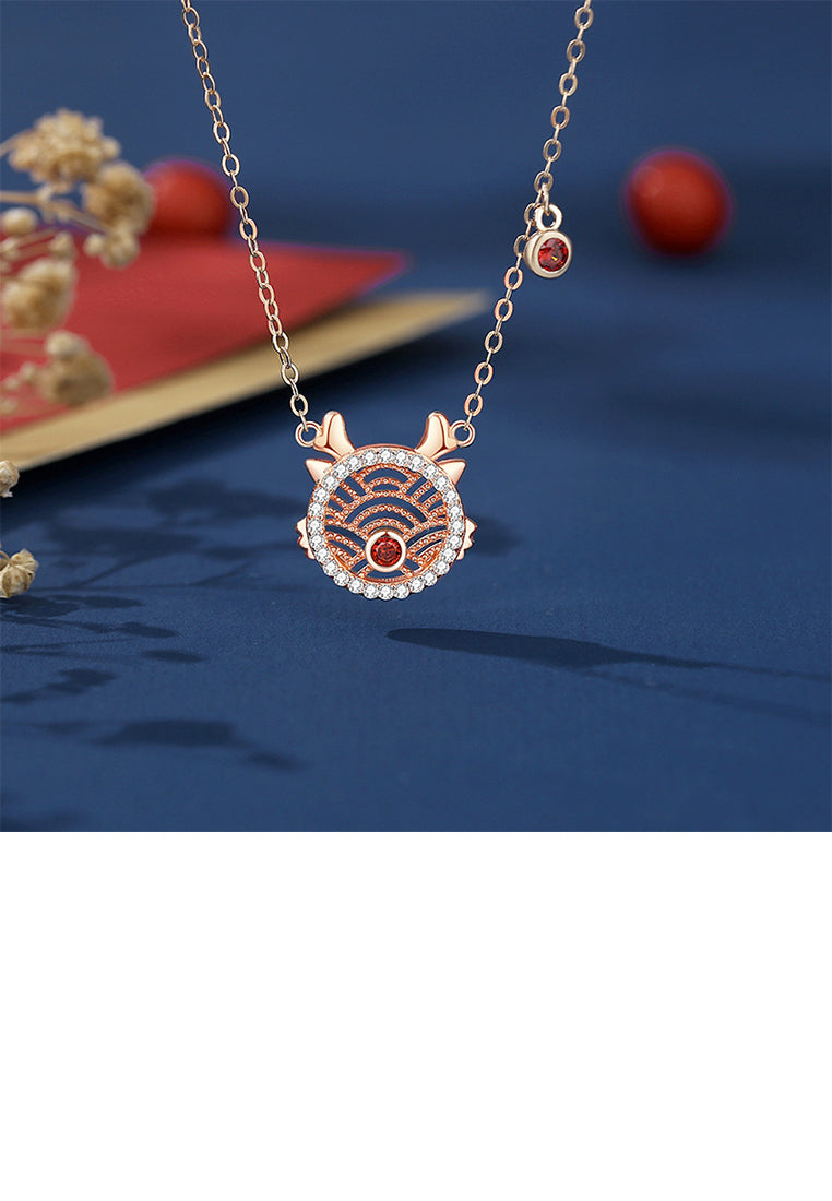 925 Sterling Silver Plated Rose Gold Fashion Simple Hollow Pattern Chinese Zodiac Dragon Pendant with Cubic Zirconia and Necklace - Luxurious Look