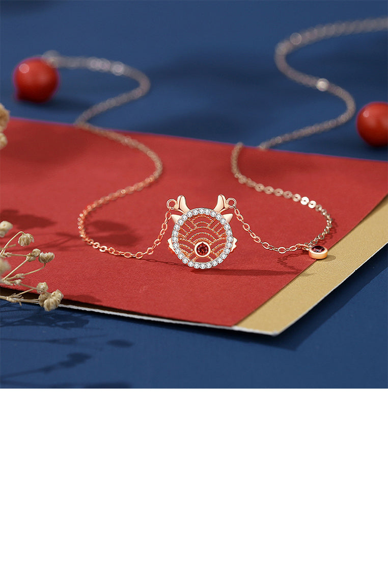 925 Sterling Silver Plated Rose Gold Fashion Simple Hollow Pattern Chinese Zodiac Dragon Pendant with Cubic Zirconia and Necklace - Luxurious Look