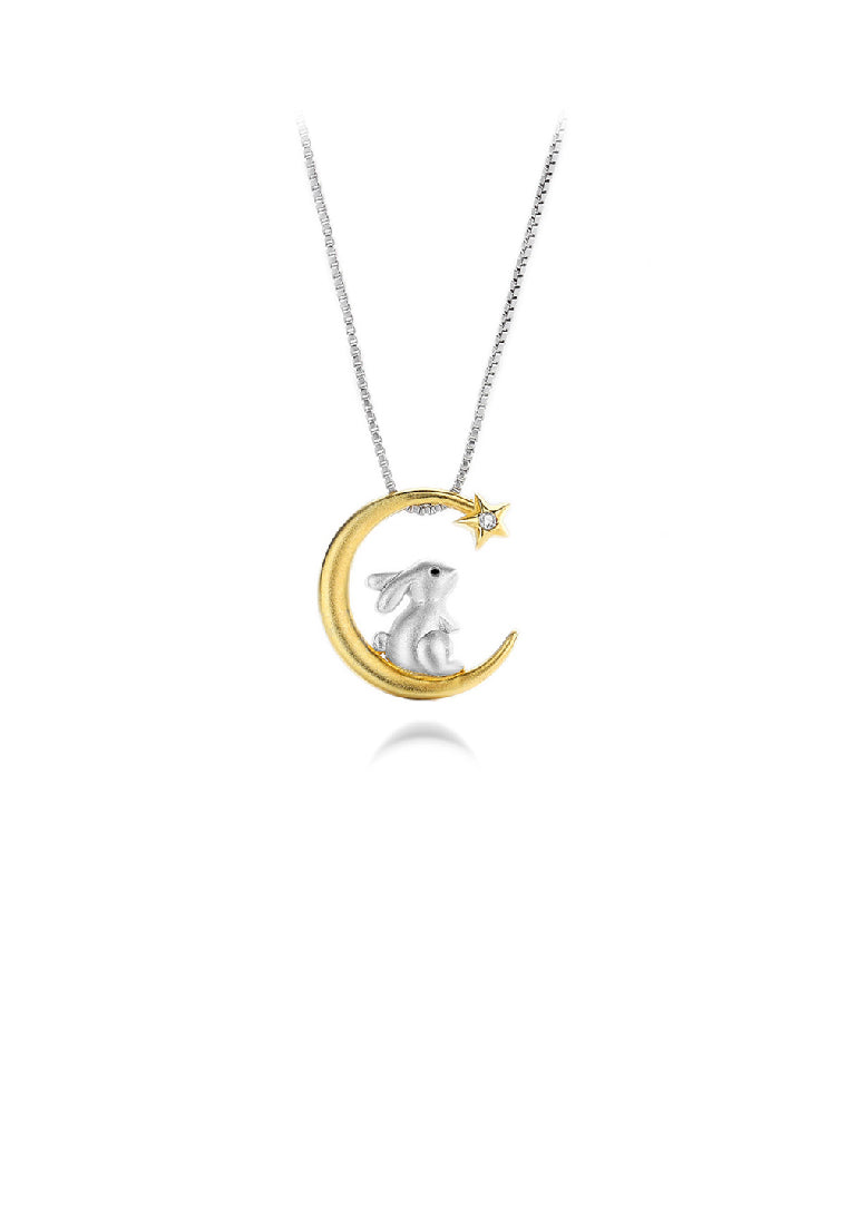 925 Sterling Silver Fashion Cute Rabbit Gold Moon Pendant with Cubic Zirconia and Necklace - Luxurious Look