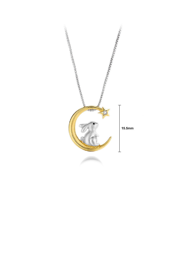 925 Sterling Silver Fashion Cute Rabbit Gold Moon Pendant with Cubic Zirconia and Necklace - Luxurious Look