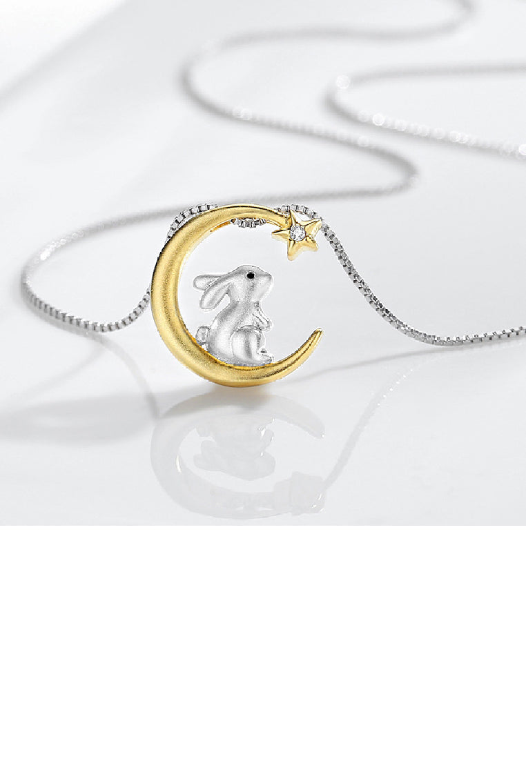 925 Sterling Silver Fashion Cute Rabbit Gold Moon Pendant with Cubic Zirconia and Necklace - Luxurious Look