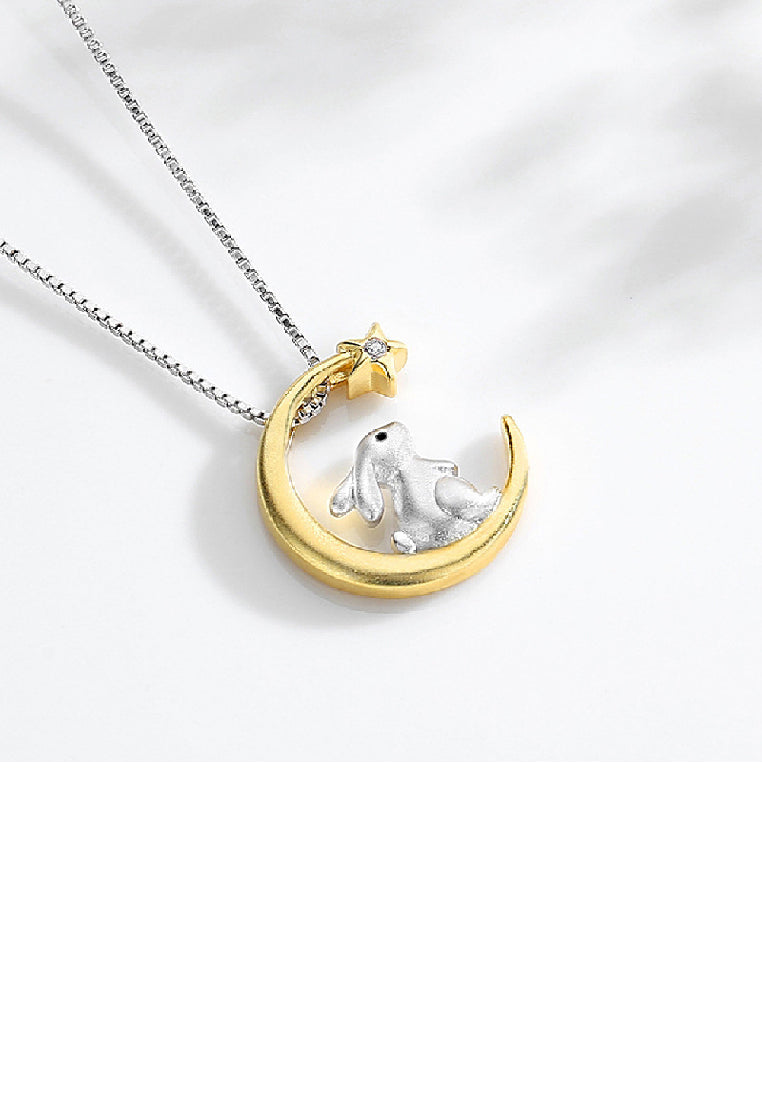925 Sterling Silver Fashion Cute Rabbit Gold Moon Pendant with Cubic Zirconia and Necklace - Luxurious Look