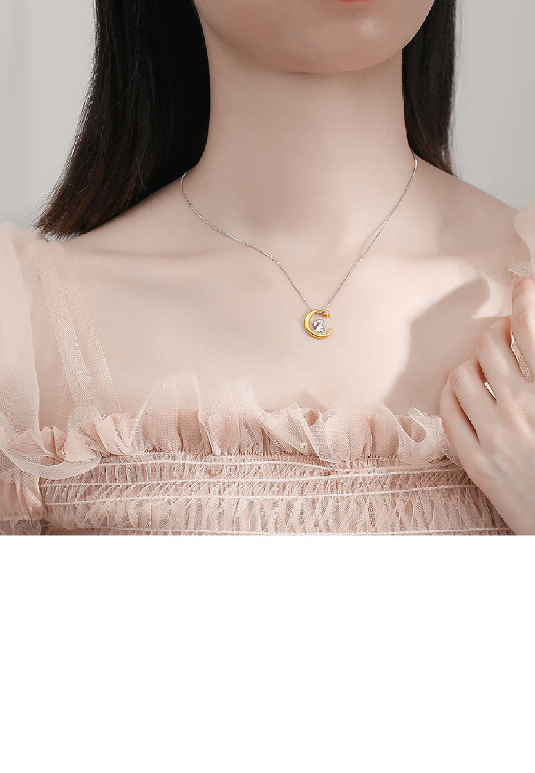 925 Sterling Silver Fashion Cute Rabbit Gold Moon Pendant with Cubic Zirconia and Necklace - Luxurious Look